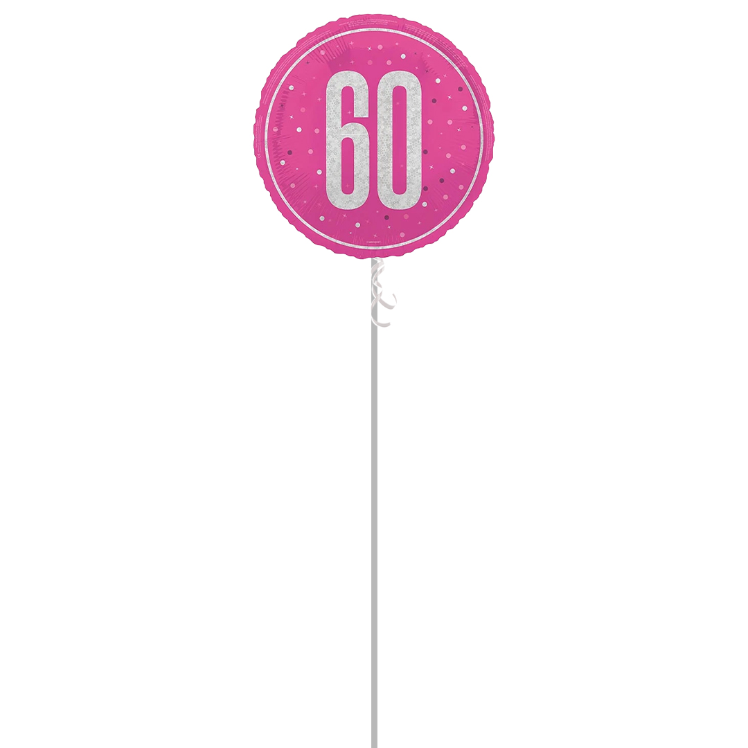 Hot Pink Glitz Age 60 Holographic Round Foil Helium Balloon - Inflated Balloon in a Box