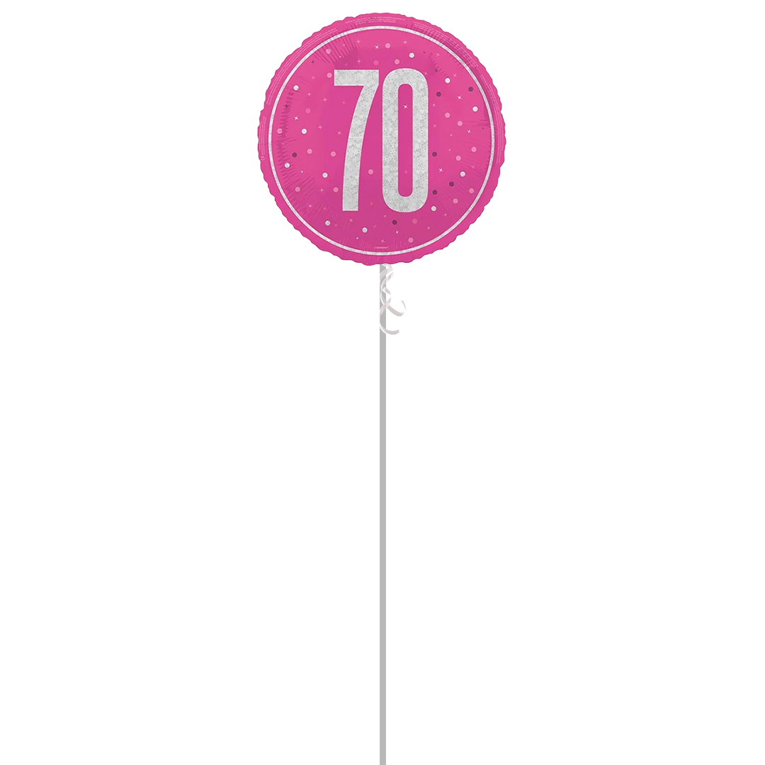 Hot Pink Glitz Age 70 Holographic Round Foil Helium Balloon - Inflated Balloon in a Box