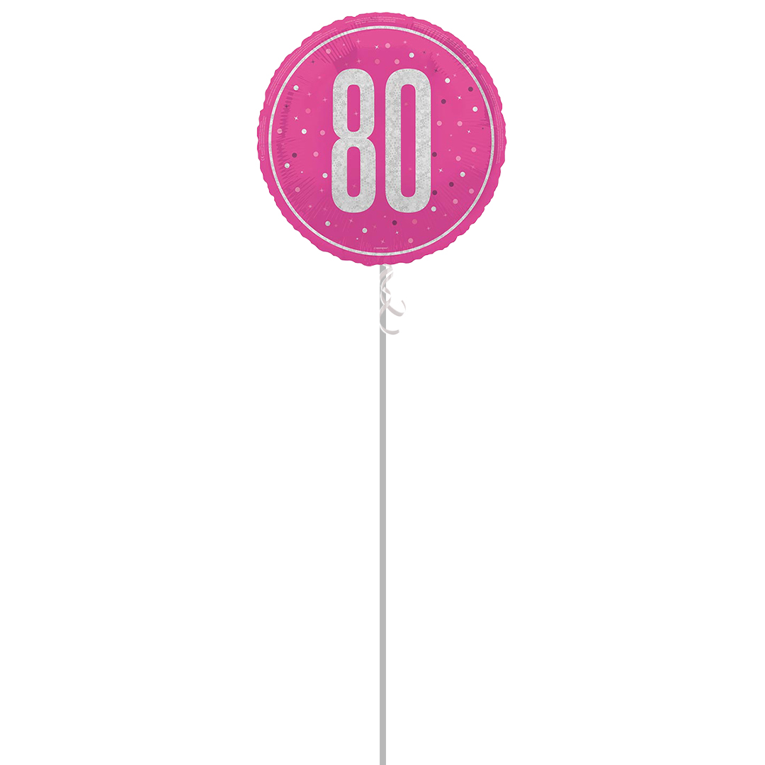 Hot Pink Age 80 Holographic Round Foil Helium Balloon - Inflated Balloon in a Box