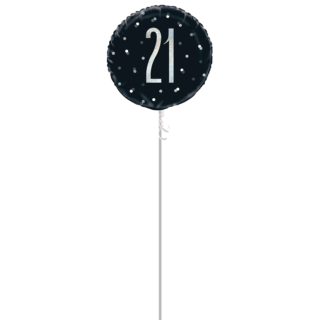 Black Glitz Age 21 Holographic Round Foil Helium Balloon - Inflated Balloon in a Box Product Gallery Image