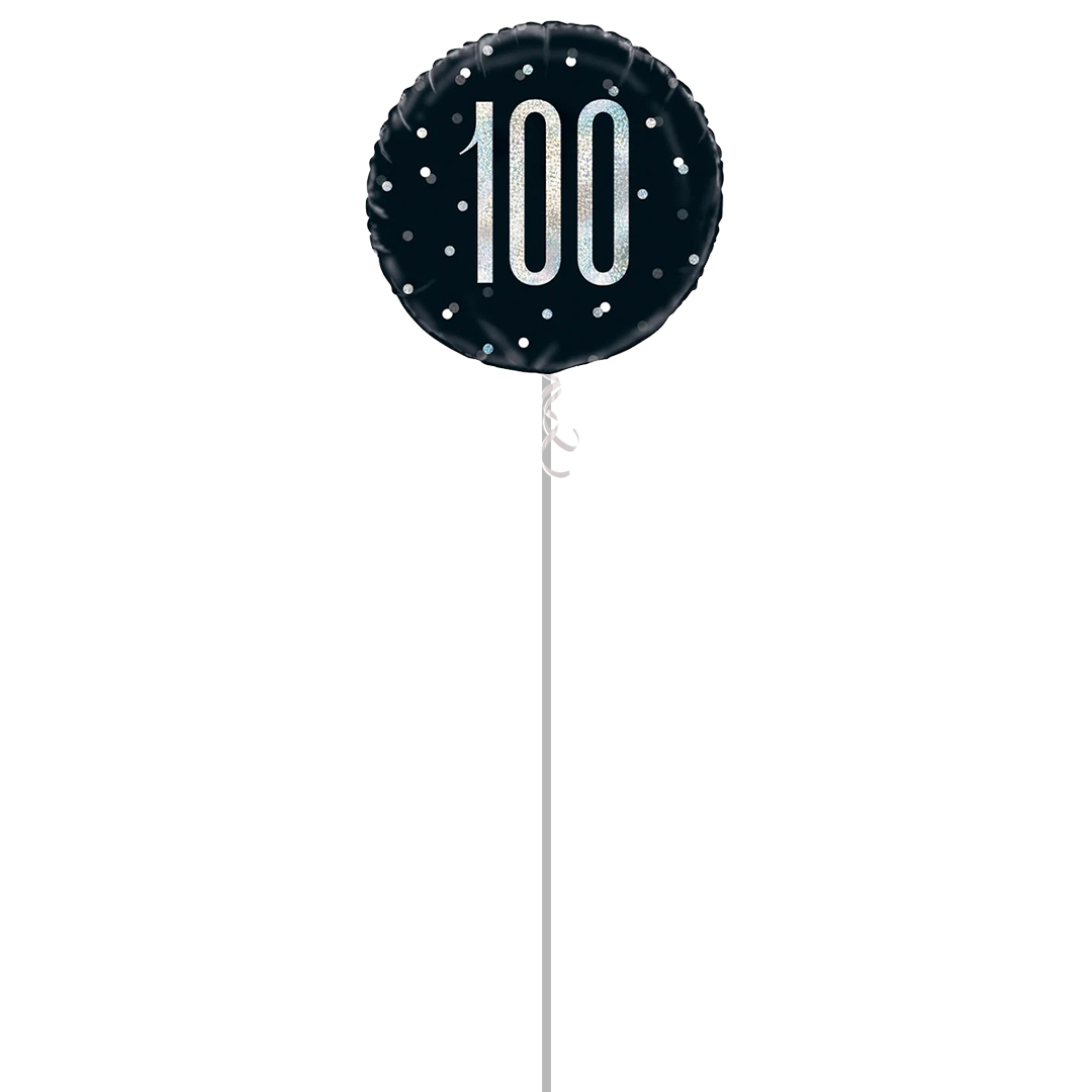 Black Glitz Age 100 Holographic Round Foil Helium Balloon - Inflated Balloon in a Box