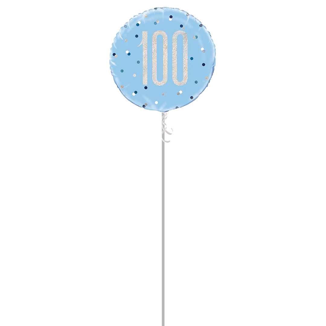 Blue Glitz Age 100 Holographic Round Foil Helium Balloon - Inflated Balloon in a Box