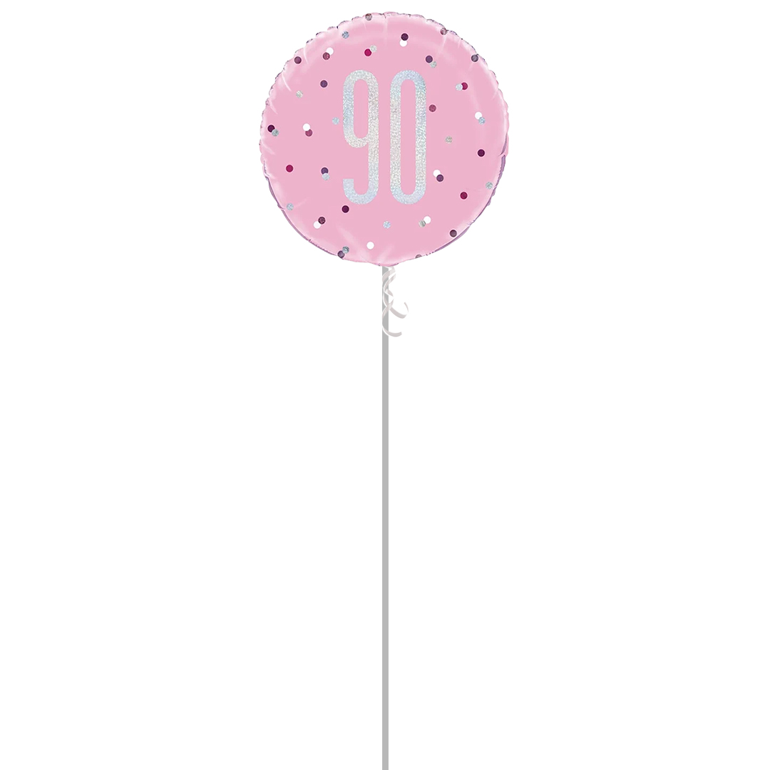 Pink Glitz Age 90 Holographic Round Foil Helium Balloon - Inflated Balloon in a Box Product Gallery Image