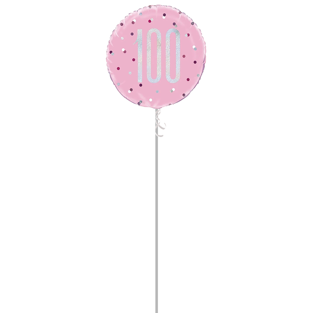 Pink Glitz Age 100 Holographic Round Foil Helium Balloon - Inflated Balloon in a Box