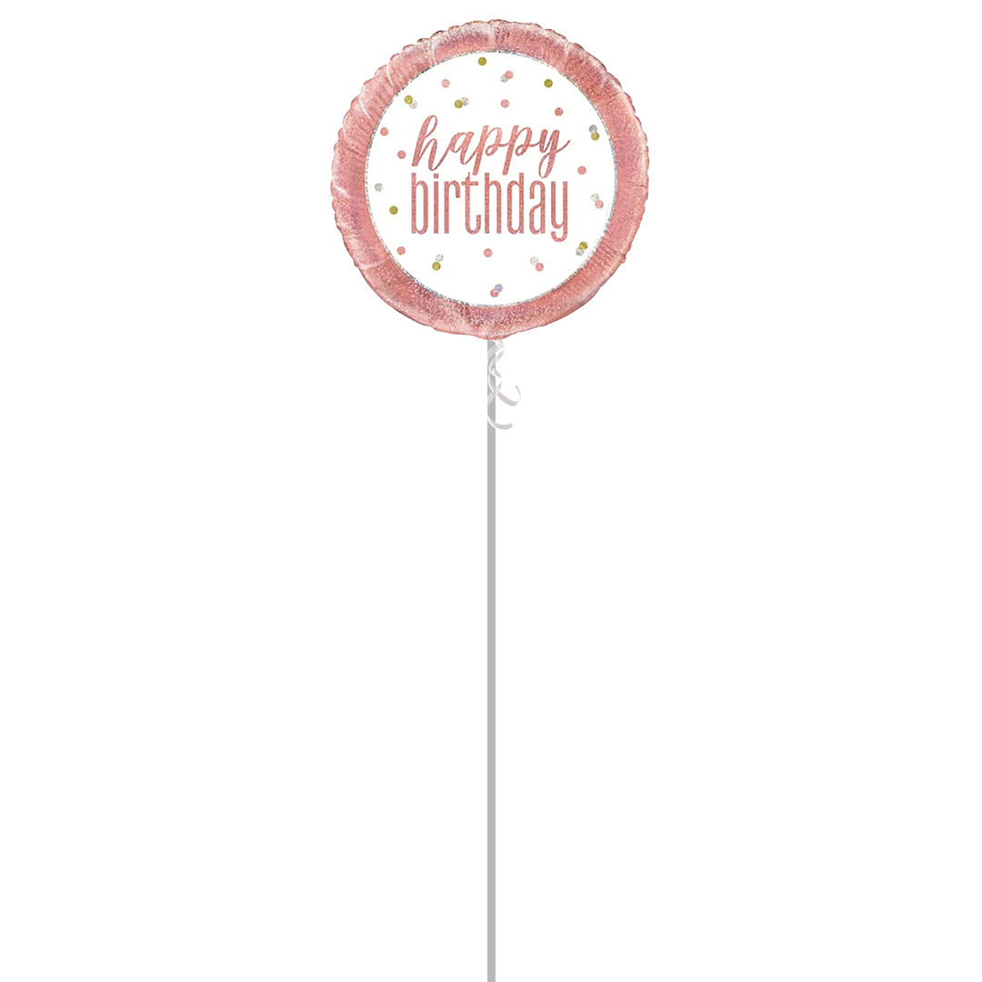 Rose Gold Glitz Happy Birthday Holographic Round Foil Helium Balloon - Inflated Balloon in a Box Product Gallery Image