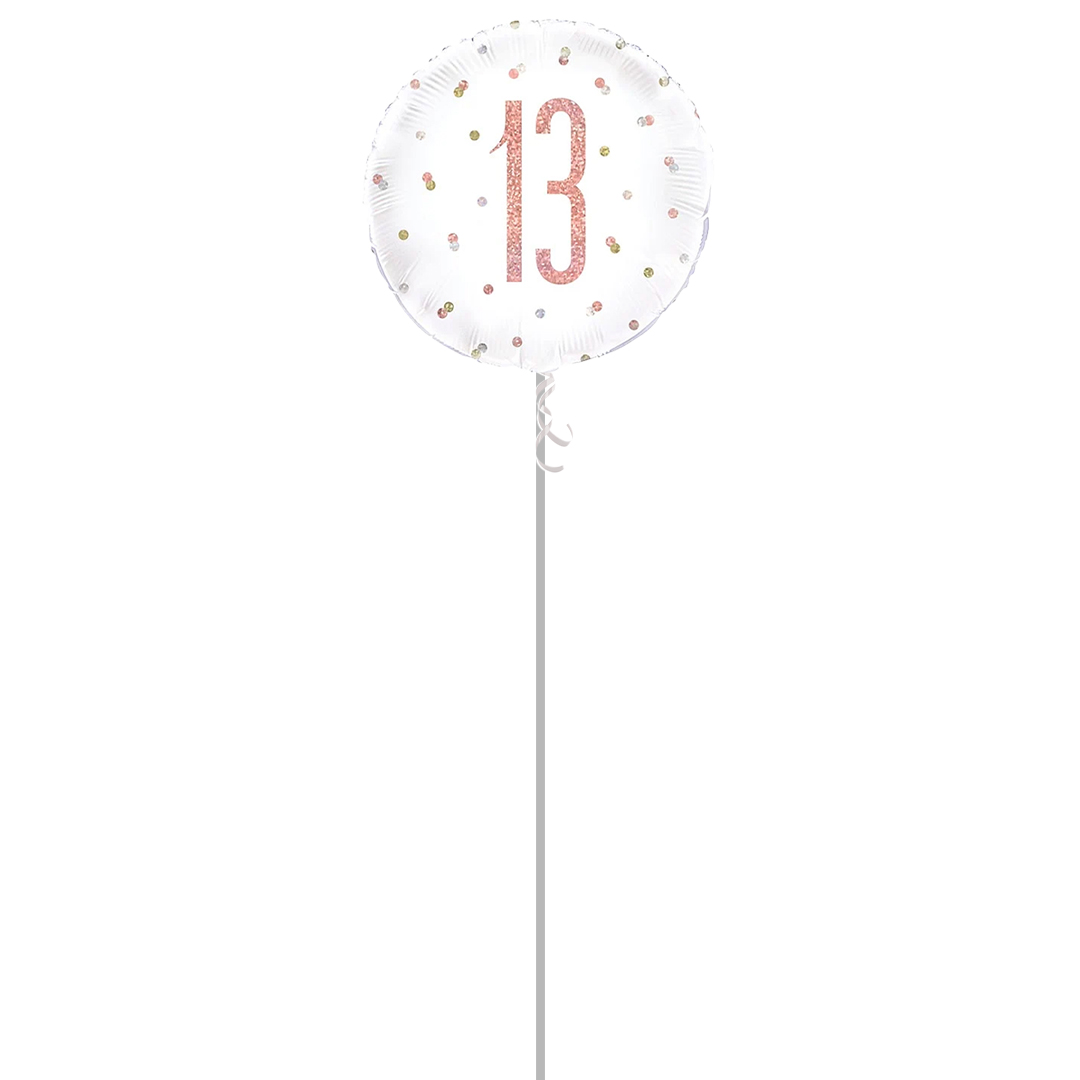 Rose Gold Glitz Age 13 Holographic Round Foil Helium Balloon - Inflated Balloon in a Box