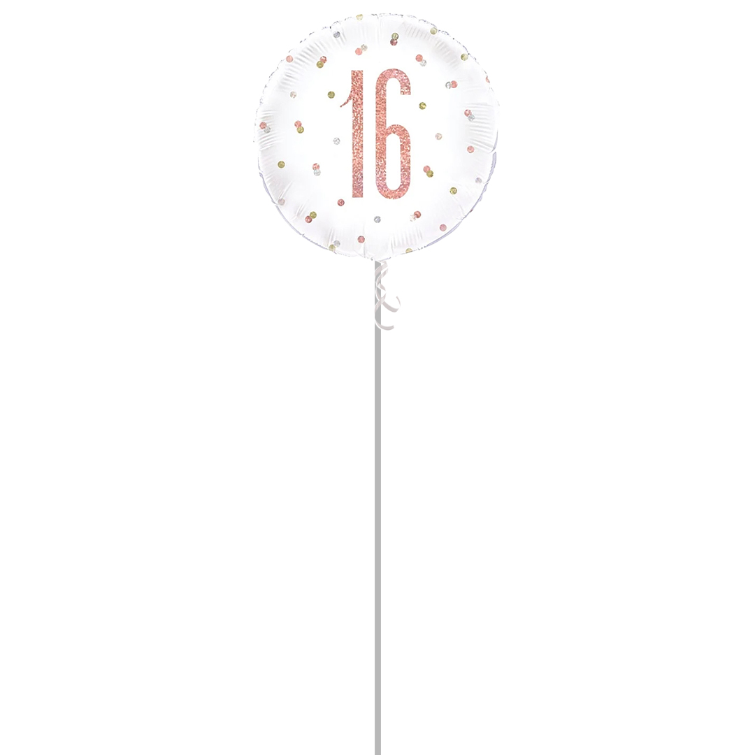 Rose Gold Glitz Age 16 Holographic Round Foil Helium Balloon - Inflated Balloon in a Box