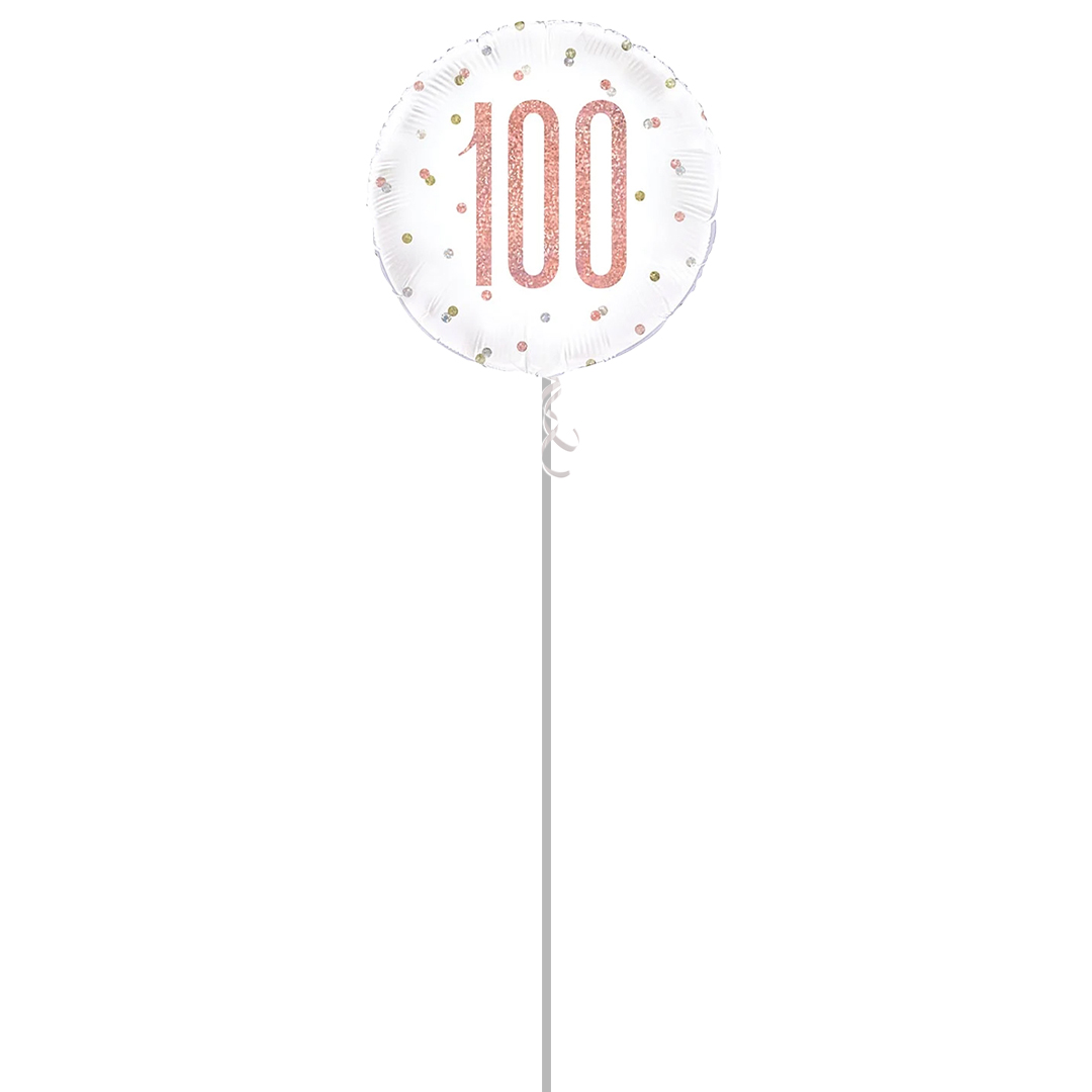 Rose Gold Glitz Age 100 Holographic Round Foil Helium Balloon - Inflated Balloon in a Box Product Gallery Image