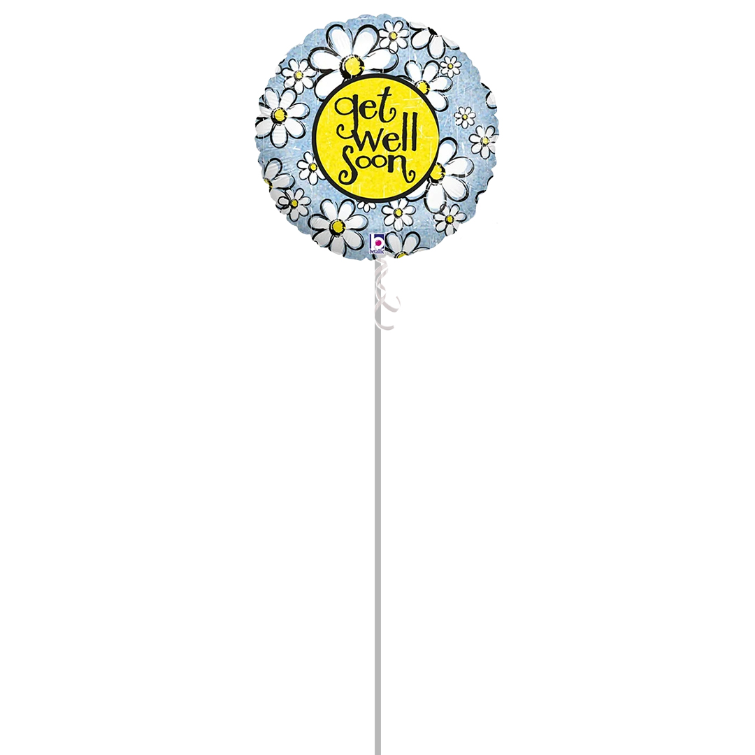 Get Well Soon Daisy Holographic Round Foil Helium Balloon - Inflated Balloon in a Box