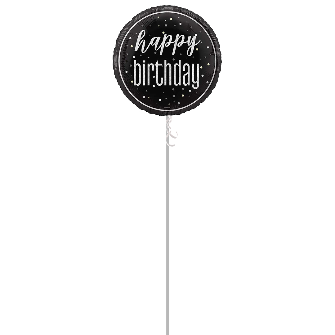 Black Glitz Happy Birthday Holographic Round Foil Helium Balloon - Inflated Balloon in a Box Product Gallery Image