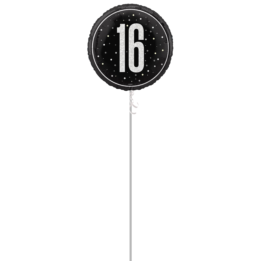 Black Glitz Age 16 Holographic Round Foil Helium Balloon - Inflated Balloon in a Box