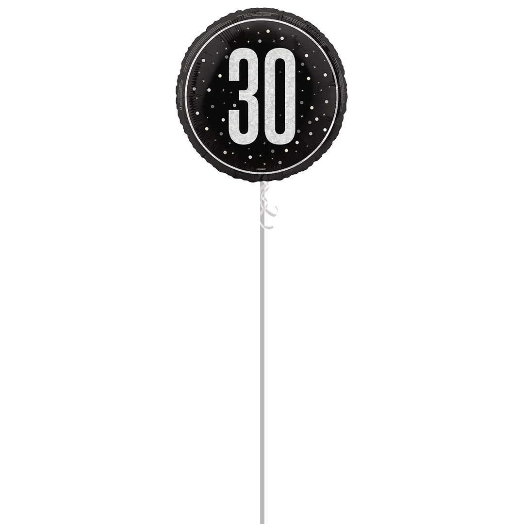 Black Glitz Age 30 Holographic Round Foil Helium Balloon - Inflated Balloon in a Box