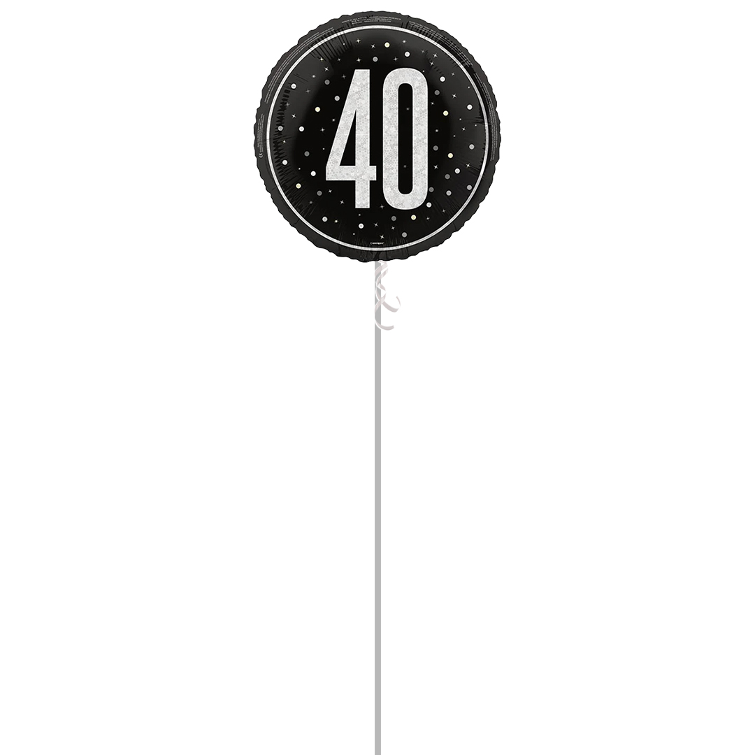 Black Glitz Age 40 Holographic Round Foil Helium Balloon - Inflated Balloon in a Box