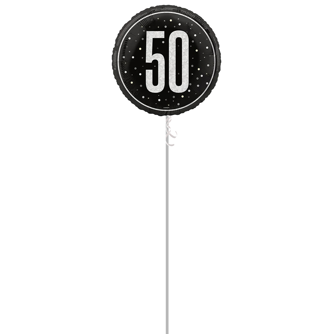 Black Glitz Age 50 Holographic Round Foil Helium Balloon - Inflated Balloon in a Box