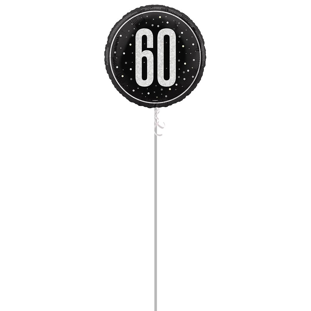 Black Glitz Age 60 Holographic Round Foil Helium Balloon - Inflated Balloon in a Box
