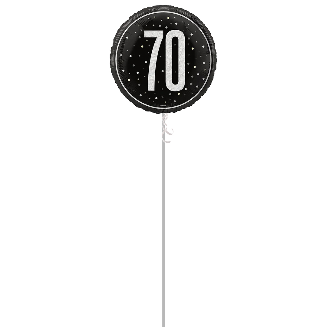 Black Glitz Age 70 Holographic Round Foil Helium Balloon - Inflated Balloon in a Box