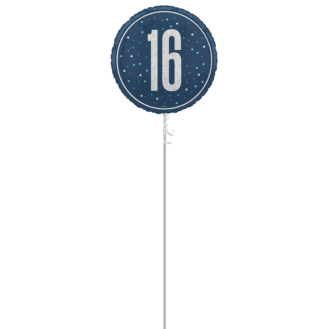 Navy Blue Age 16 Holographic Round Foil Helium Balloon - Inflated Balloon in a Box