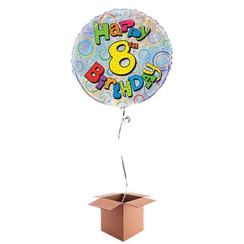 Happy 8th Birthday Holographic Round Foil Balloon - Inflated Balloon in a Box Product Image