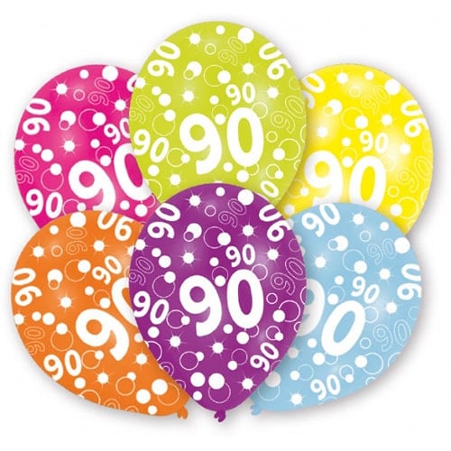 90th Birthday Assorted Latex Balloons 28cm / 11 in - Pack of 6 Product Image