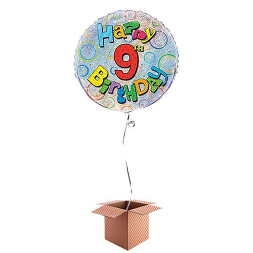 Happy 9th Birthday Holographic Round Foil Balloon - Inflated Balloon in a Box Product Image