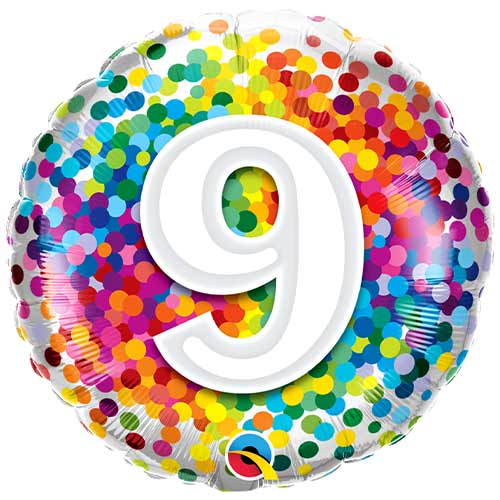 9th Birthday Rainbow Confetti Round Foil Helium Qualatex Balloon 46cm / 18 in Product Image