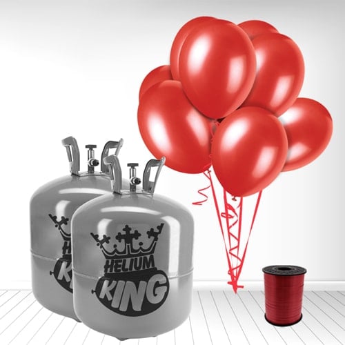 Disposable Helium Gas Canister with 100 Ruby Red Balloons and Curling Ribbon Product Gallery Image