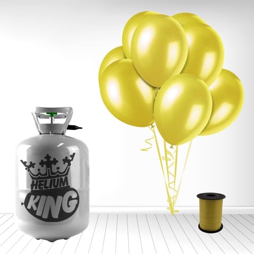 Disposable Helium Gas Cylinder with 30 Yellow Balloons and Curling Ribbon Product Image
