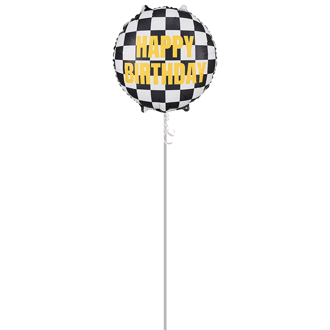 Happy Birthday Checkered Flag Helium Foil Balloon - Inflated Balloon in a Box Product Gallery Image