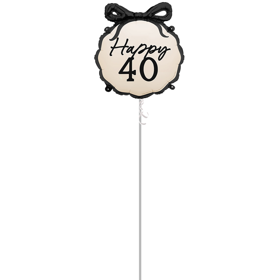 Happy 40th Birthday Black Bow Cream Round Foil Helium Balloon - Inflated Balloon in a Box
