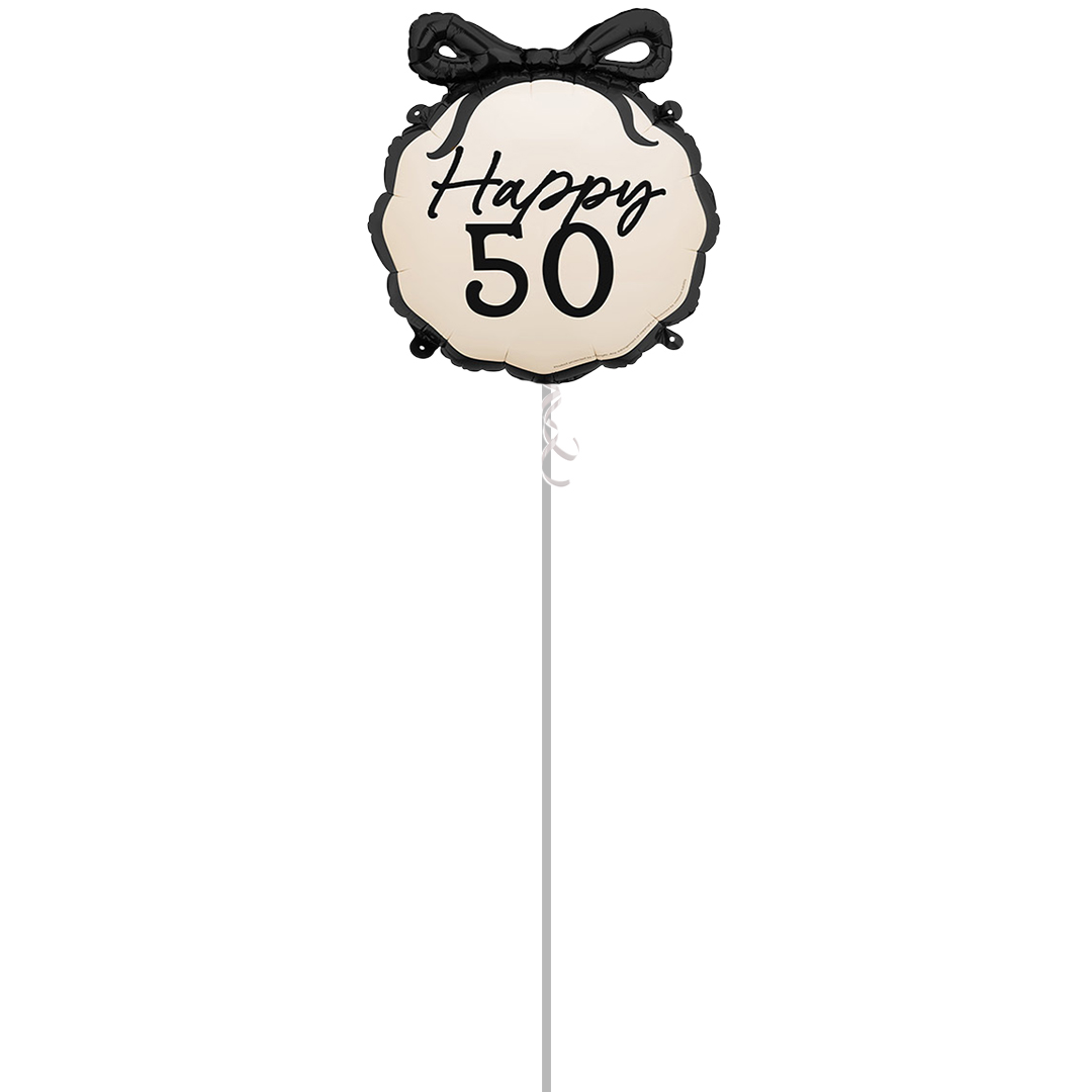 Happy 50th Birthday Black Bow Cream Round Foil Helium Balloon - Inflated Balloon in a Box