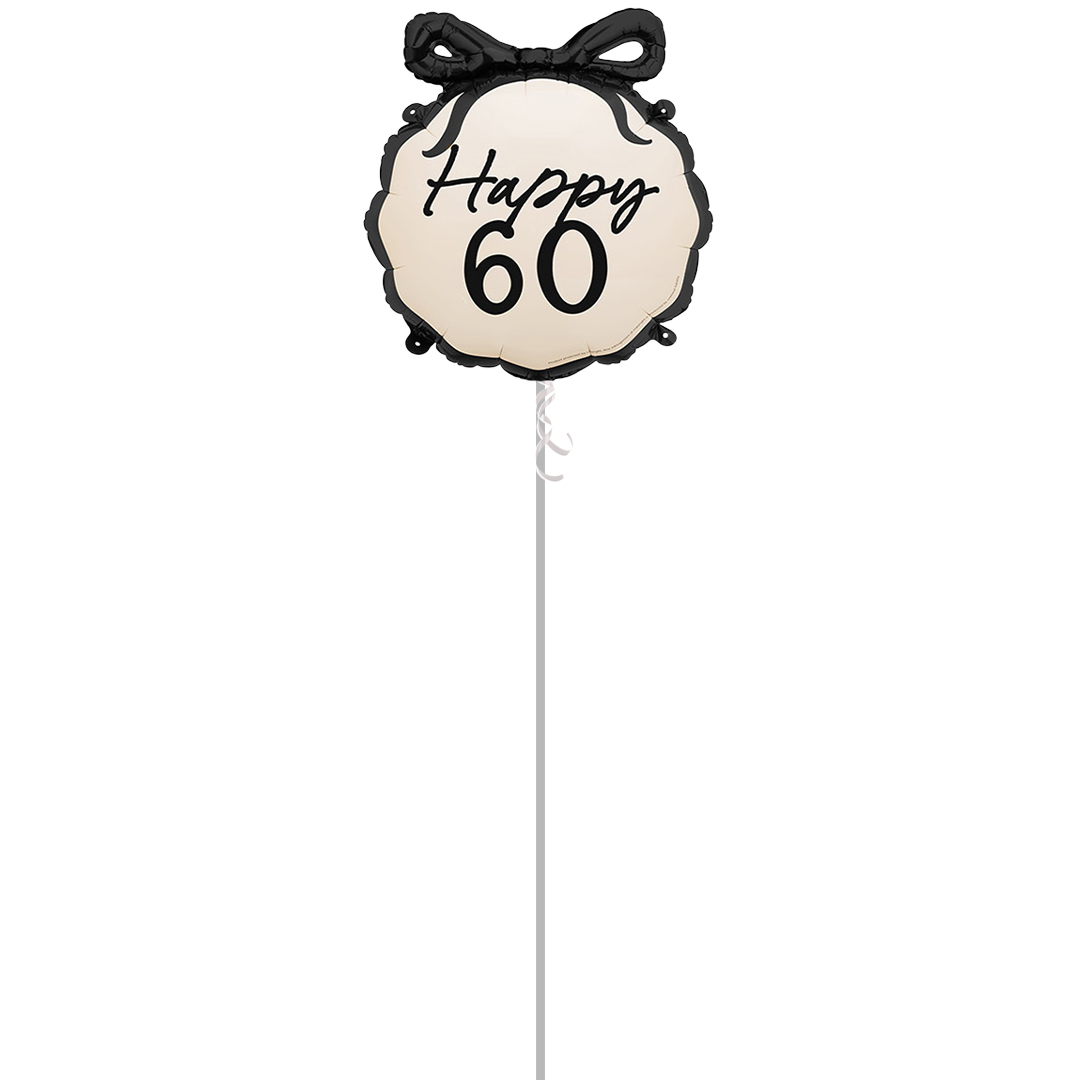 Happy 60th Birthday Black Bow Cream Round Foil Helium Balloon - Inflated Balloon in a Box