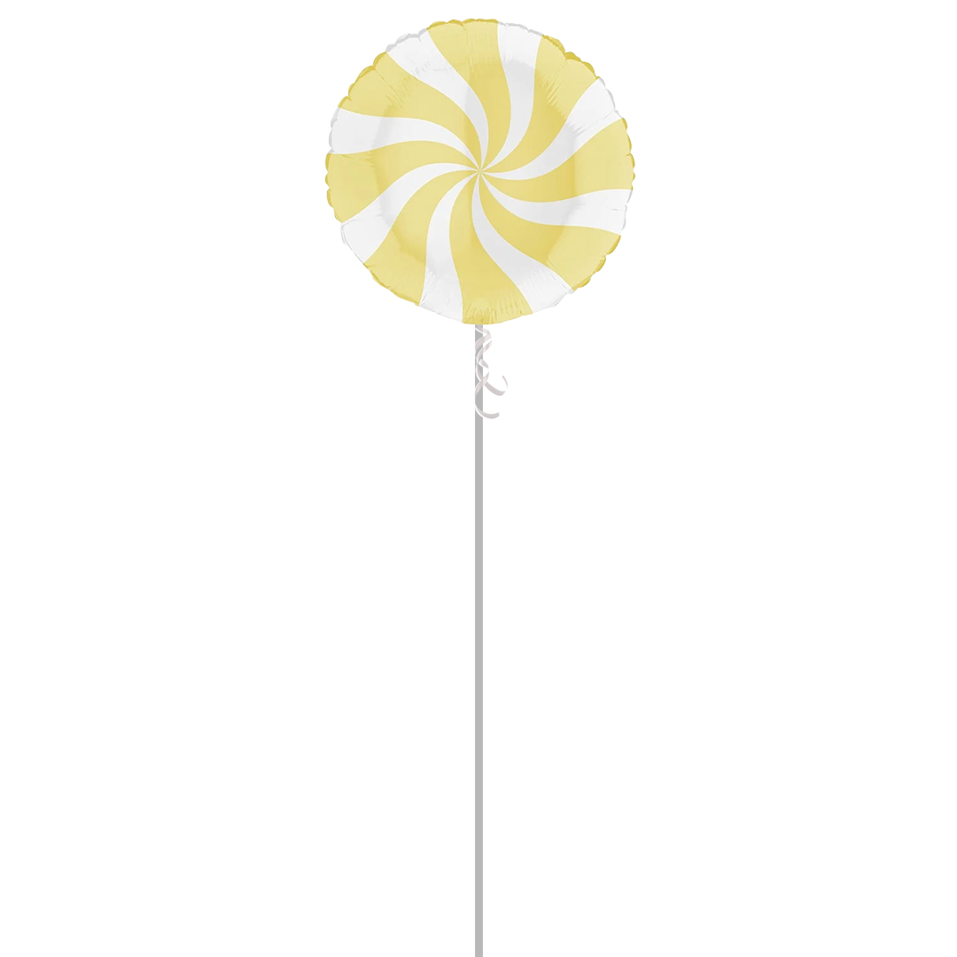 White & Matte Yellow Candy Swirl Round Foil Helium Balloon - Inflated Balloon in a Box