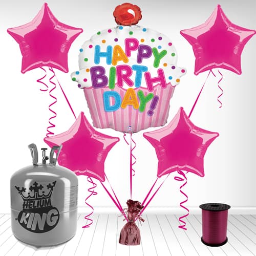 Girl's 'Happy Birthday' Cupcake Foil Balloon and Helium Gas Package Product Gallery Image