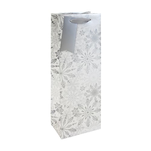 Silver Snowflake White Bottle Gift Bag 35cm