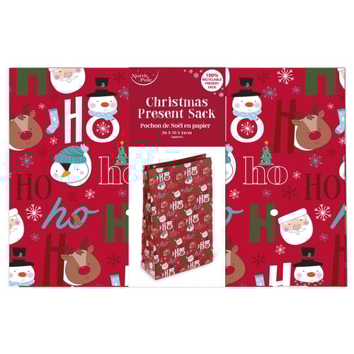 Ho Ho Ho Christmas Characters Kraft Paper Red Present Sack 70cm Product Gallery Image