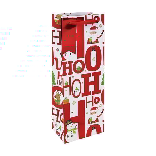 Ho Ho Ho Cute Christmas Characters White Bottle Gift Bag 35cm