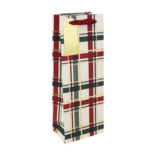 Cream Tartan Bottle Gift Bag 35cm