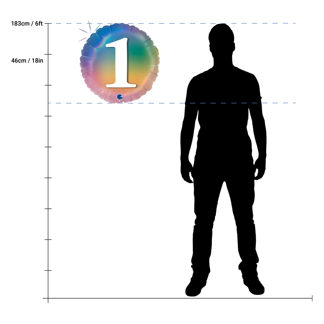 Age 1 Colourful Rainbow Holographic Round Foil Helium Balloon 46cm / 18 in Product Gallery Image
