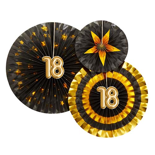 Age 18 Black & Gold Pinwheel Fan Hanging Decorations - Pack of 3 Product Image