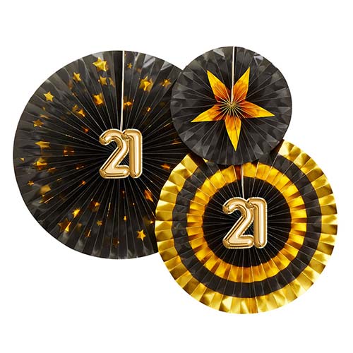 Age 21 Black & Gold Pinwheel Fan Hanging Decorations - Pack of 3 Product Image