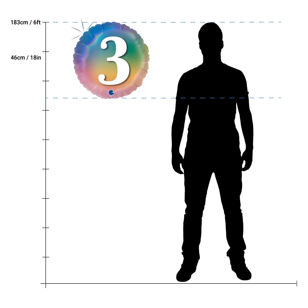 Age 3 Colourful Rainbow Holographic Round Foil Helium Balloon 46cm / 18 in Product Gallery Image