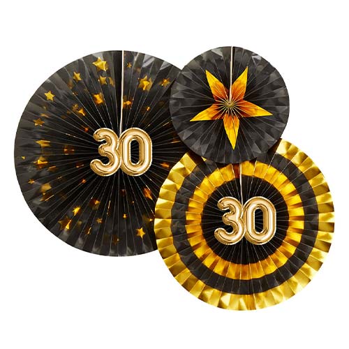 Age 30 Black & Gold Pinwheel Fan Hanging Decorations - Pack of 3 Product Image