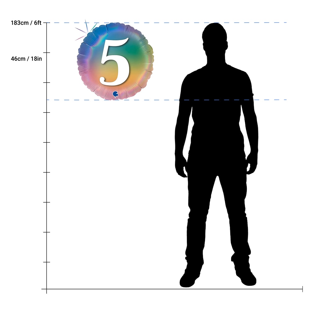 Age 5 Colourful Rainbow Holographic Round Foil Helium Balloon 46cm / 18 in Product Gallery Image