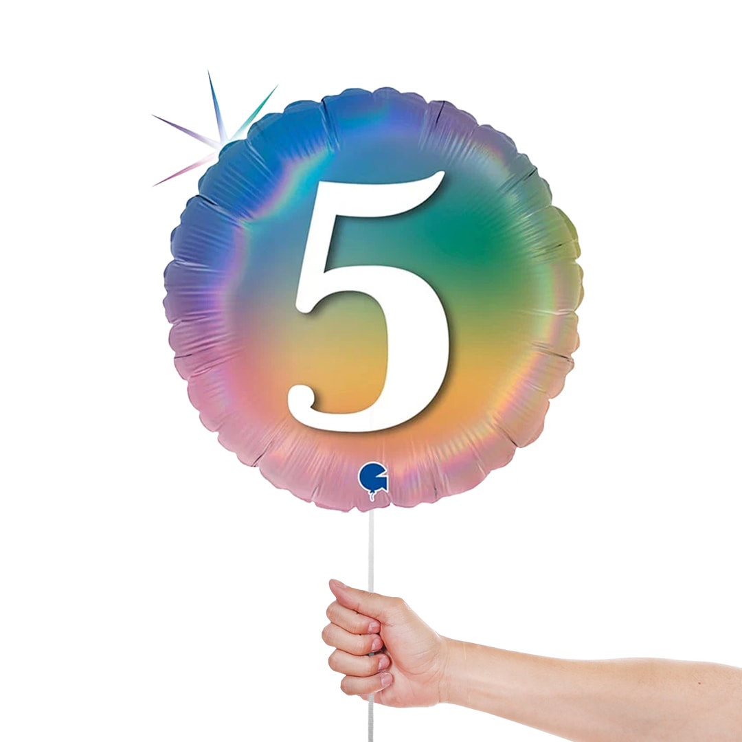 Age 5 Colourful Rainbow Holographic Round Foil Helium Balloon 46cm / 18 in Product Gallery Image