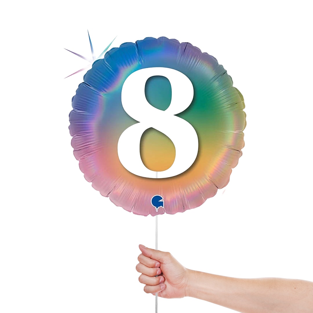 Age 8 Colourful Rainbow Holographic Round Foil Helium Balloon 46cm / 18 in Product Gallery Image