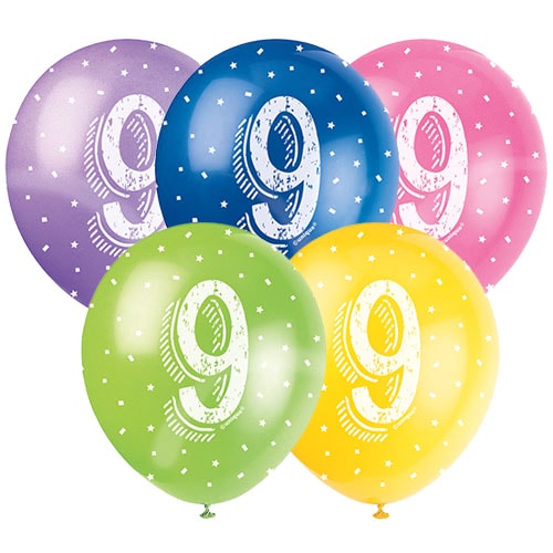 Age 9 Assorted Biodegradable Latex Balloons 30cm / 12 in - Pack of 5 Product Image