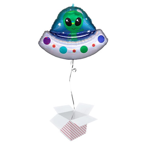 Alien Spaceship Holographic Iridescent Helium Foil Giant Balloon - Inflated Balloon in a Box Product Gallery Image