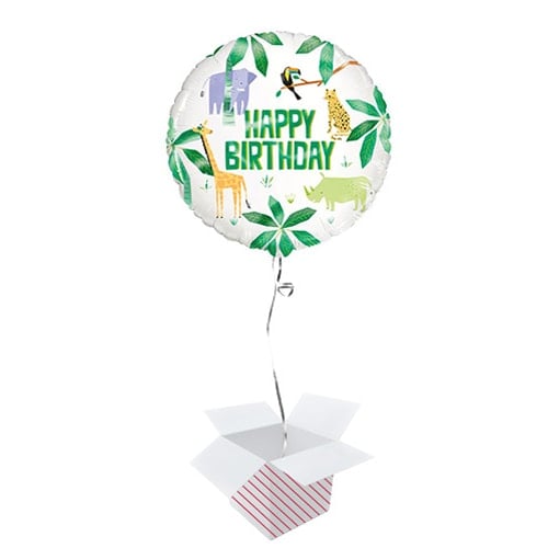 Animal Safari Happy Birthday Round Foil Helium Balloon - Inflated Balloon in a Box Product Image