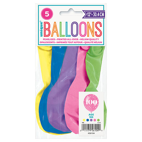 Assorted Age 100 Pearlised Biodegradable Latex Balloons 30cm / 12 in - Pack of 5 Product Gallery Image