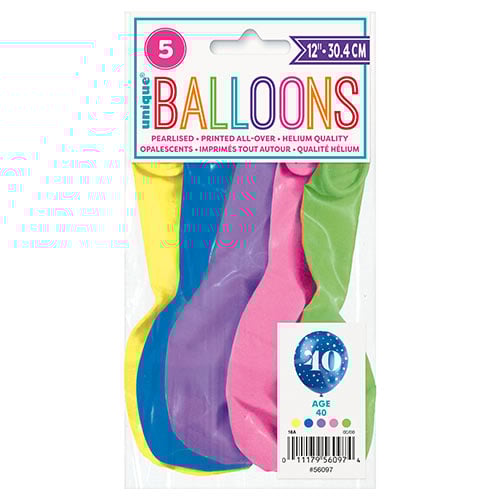 Assorted Age 40 Pearlised Biodegradable Latex Balloons 30cm / 12 in - Pack of 5 Product Gallery Image